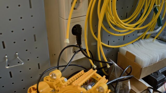 Yellow robotic prototype resting on workbench with camera tilting up to show coiled cables on pegboard. Footage suitable for engineering education or technology development marketing