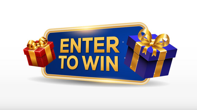 Enter to win banner template with 3D blue badge golden border and present box isolated on white background vector illustration
