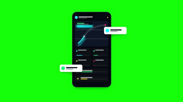 Six smartphones displaying financial data dashboards on green screen