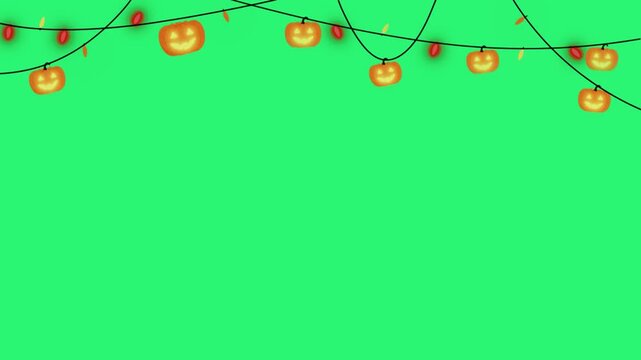 Glowing pumpkin string lights hanging across a vibrant green background for seasonal holiday celebration decorations with horizontal string illuminated