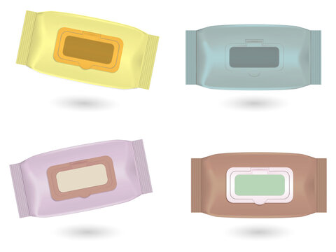 Four colorful wet wipes packaging designs on transparent background