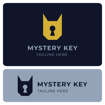 Modern mystery key logo design with bold geometric icon and elegant typography