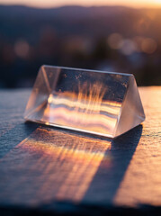 Fototapeta premium Optical Glass Triangular Prism Refracting Golden Sunset Sunlight on Stone
