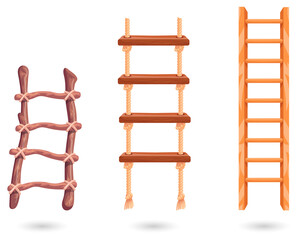 Three wooden ladders in different styles for climbing and access on transparent background PNG © Sneha