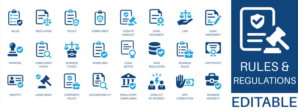 Rules and regulations solid icon set. Featuring compliance, corporate policy, business ethics, legal agreement, and code of conduct. Editable vector glyphs for corporate governance and law.