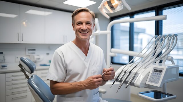 Odont&oacute;logo profesional sonriendo en una cl&iacute;nica dental moderna con equipo m&eacute;dico de fondo