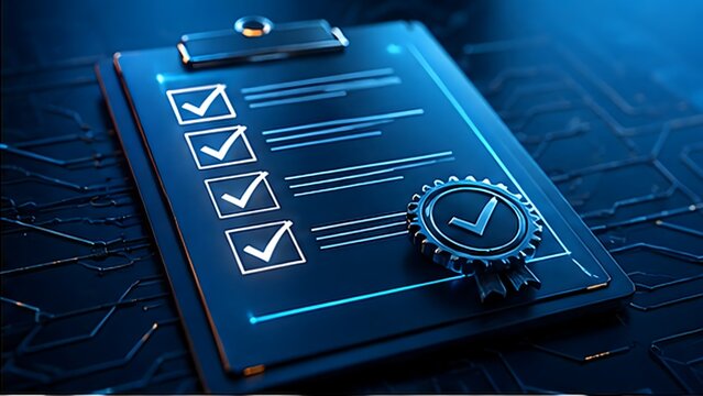 Glowing blue digital clipboard with checkmarks and an official seal on a circuit board background. Concept of automated corporate compliance auditing and software quality assurance.