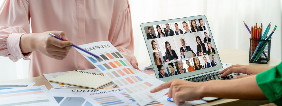 Business people on video conference for brisk virtual group meeting of corprate business office workers