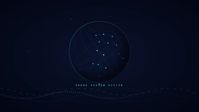 Futuristic digital globe hologram featuring terra system active text on dark blue high tech interface