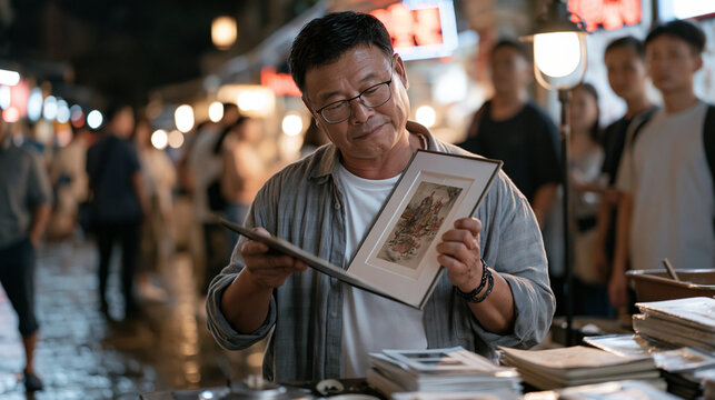 A tarot reader on rain-soaked cobblestones near a crowded night market holds an oversized illustrated card up toward a street lamp, onlookers blurred in the background as the