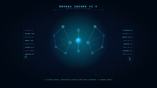 Futuristic neural ledger digital interface featuring quantum cognitive AI network nodes and blockchain data analytics dashboard