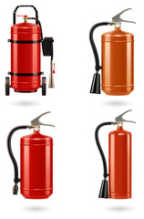 Obraz premium Four fire extinguishers on a transparent background for safety