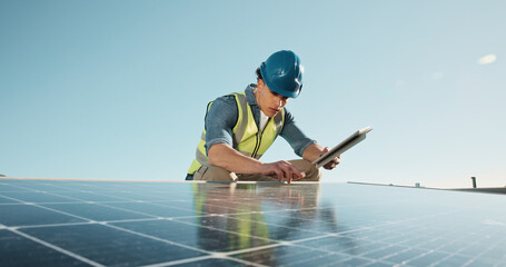 Man, electrician and solar panels outdoor with tablet, research and inspection for fault detection....