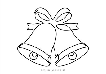 Fototapeta premium Continuous one line drawing of a pair of Christmas bells with a bow, holiday chime and festive mood concept, hand drawn vector, ready to use graphic