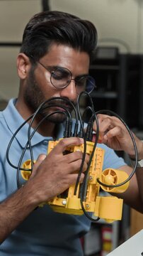 Vertical video of Indian young adult man with glasses assembling yellow underwater robot. Footage is perfect for marketing engineering courses, technology startups, and robotics research