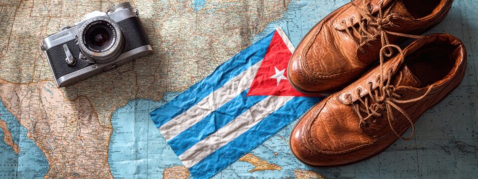 Travel items on a world map show a camera, shoes, and a Cuban flag representing a trip to Cuba for adventure