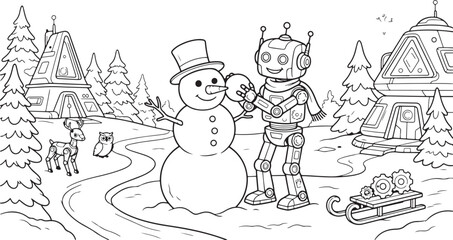 Fototapeta premium Robot building snowman in snowy winter landscape line art coloring page for children.