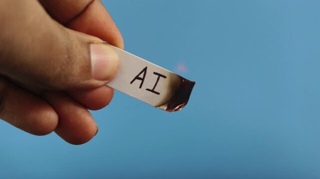 Hand holding white paper strip with artificial intelligence word written on the surface with burning fire flame. Anti AI technology protest or hate due to job loss fear and panic symbolic concept.