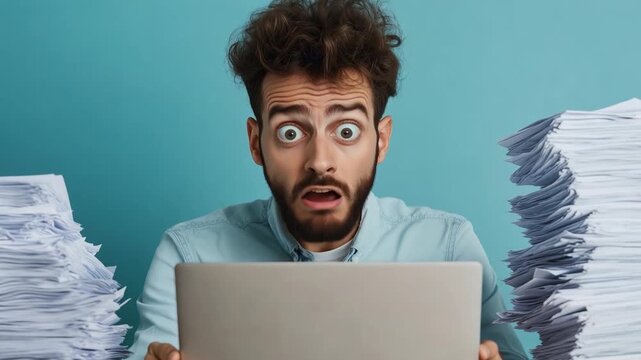 A man shows a surprised expression while looking at his laptop surrounded by tall stacks of papers