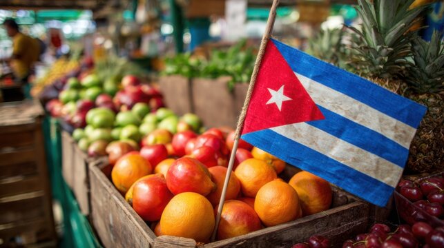 Cuban fruits on display in a market with a Cuban flag visible during daytime