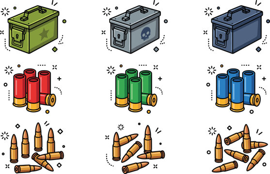 Cute Cartoon Ammunition Can and Bullet Icon Set with Shotgun Shells for Game UI Vector Illustration