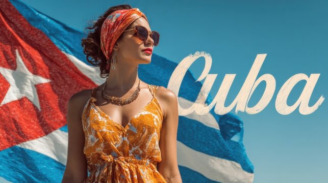 Woman stands in front of Cuba flag wearing sunglasses and a bright dress while enjoying the sunny weather