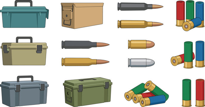 Military Ammunition and Storage Box Vector Icon Set Featuring Rifle Bullets, Pistol Rounds, Shotgun Shells, and Ammo Crates
