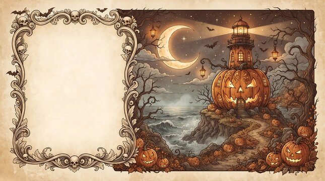 Halloween vintage ornate frame with spooky pumpkin patch and crescent moon at night