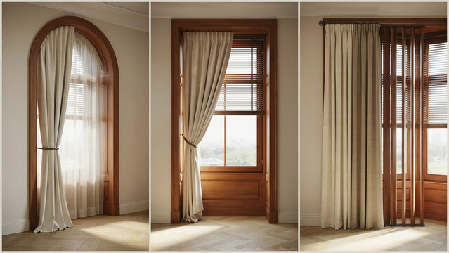 Three views of cream curtains hanging on wooden window frames in a bright interior room