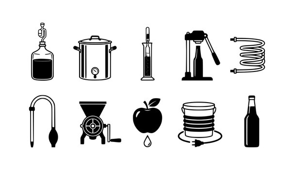 Home brewing and cider fermentation equipment vector icons set