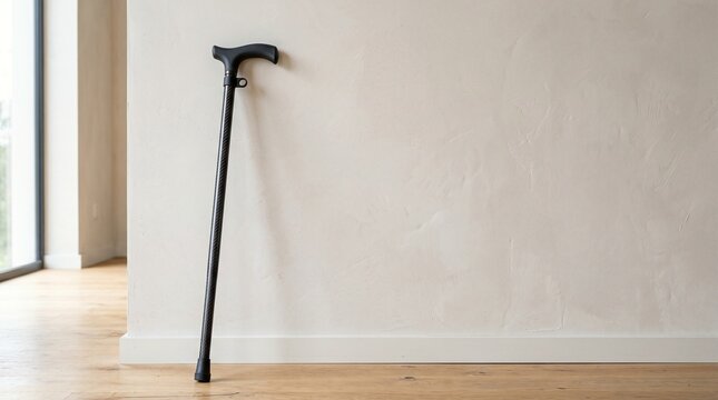 Modern carbon fiber walking cane leaning against a clean wall for accessible mobility aid.