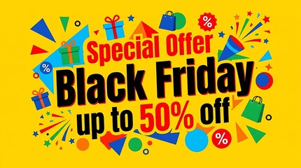 Obraz premium Black Friday sale banner with up to 50 percent discount and colorful confetti explosion