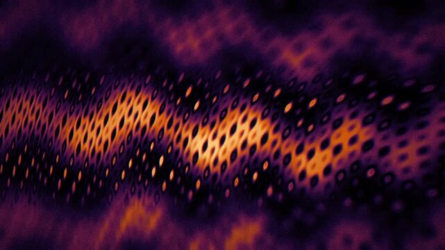 Orange and purple morphing gyroid lattice with silky interference creates a dark cinematic seamless loop for motion backgrounds, titles, VJ sets, and screensavers.