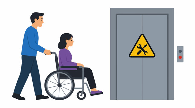 Man pushing woman in a wheelchair past a broken elevator under maintenance
