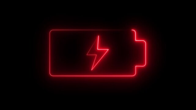 Bright neon electric battery icon power baton icon black background. 4k