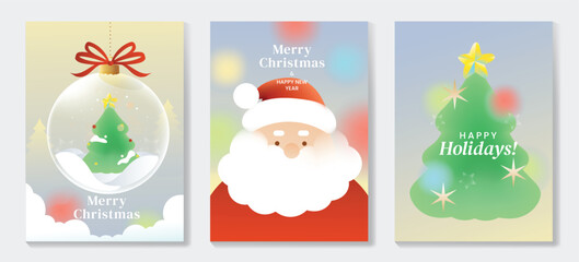 Naklejka premium Merry Christmas and Happy New Year vector posters set. Cute Santa Claus, Christmas tree and snow globe greeting cards with soft pastel festive backgrounds and holiday decorations.
