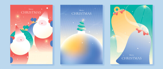 Naklejka premium Merry Christmas and Happy New Year vector posters set. Cute Santa Claus, Christmas tree and snow globe greeting cards with soft pastel festive backgrounds and holiday decorations.