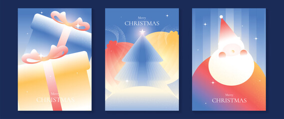 Naklejka premium Merry Christmas and Happy New Year vector posters set. Cute Santa Claus, Christmas tree and snow globe greeting cards with soft pastel festive backgrounds and holiday decorations.