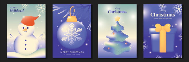 Naklejka premium Merry Christmas and Happy New Year vector posters set. Christmas tree, bell, snowman ornament and festive pine decorations on soft blue pastel holiday greeting card backgrounds.