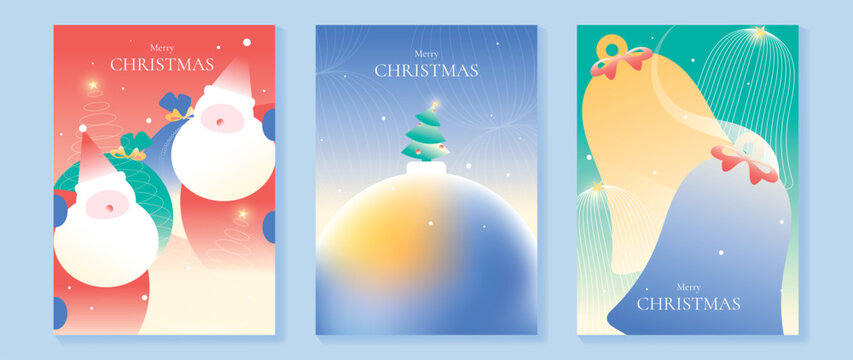 Merry Christmas and Happy New Year vector posters set. Cute Santa Claus, Christmas tree and snow globe greeting cards with soft pastel festive backgrounds and holiday decorations.