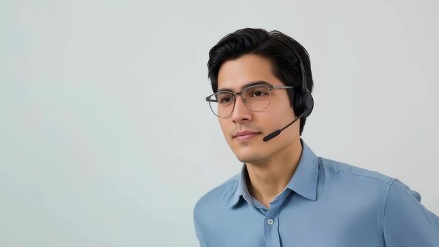 Professional Asian Man Wearing Headset and Eyeglasses Raising Hand Calm Studio Portrait Support Call