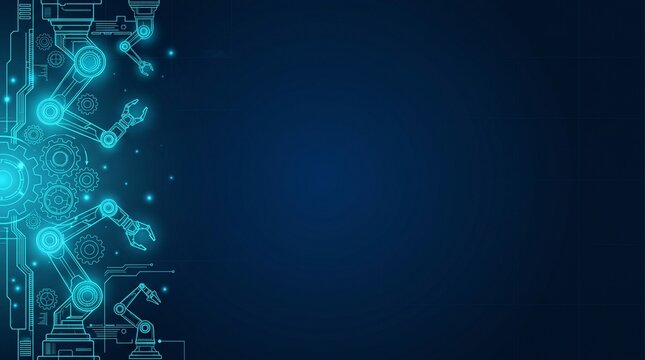 Minimalist Futuristic Robotics Background with Glowing Industrial Arm Wireframe and Wide Copy Space