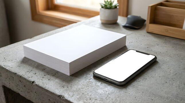 Blank paper stack and smartphone mockup on a grey concrete desk surface