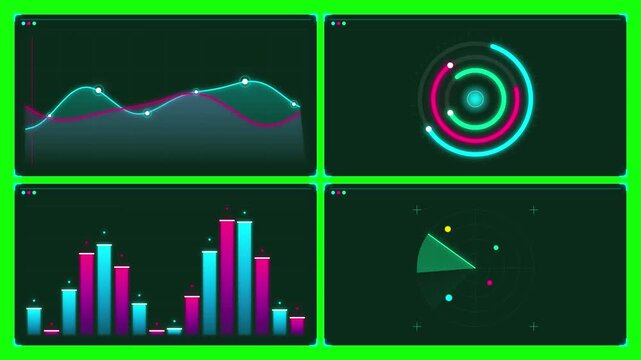 Digital data visualization hud elements on green screen background
