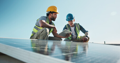 Technician, team and outdoor at solar panel with tablet, planning upgrade or innovative design....