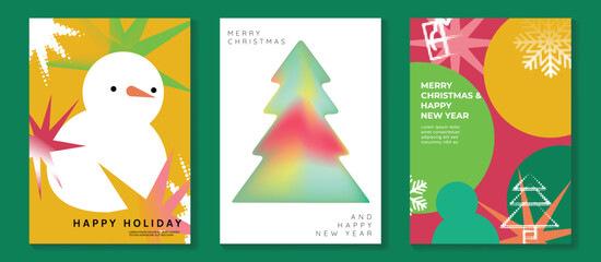 Naklejka premium Merry Christmas and Happy New Year vector posters set. Christmas tree, bell, snowman ornament and festive pine decorations on soft blue pastel holiday greeting card backgrounds.