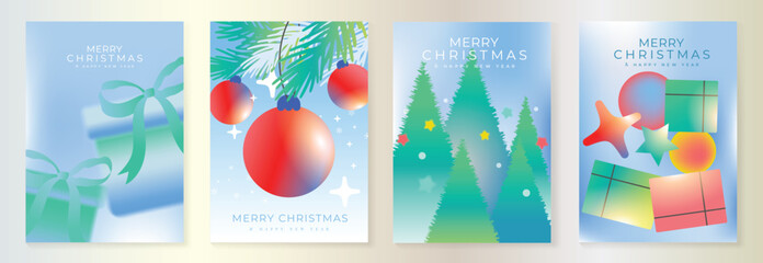 Naklejka premium Merry Christmas and Happy New Year vector posters set. Christmas ornaments, colorful gift boxes, ribbon bows and festive trees on soft blue pastel holiday greeting card backgrounds.