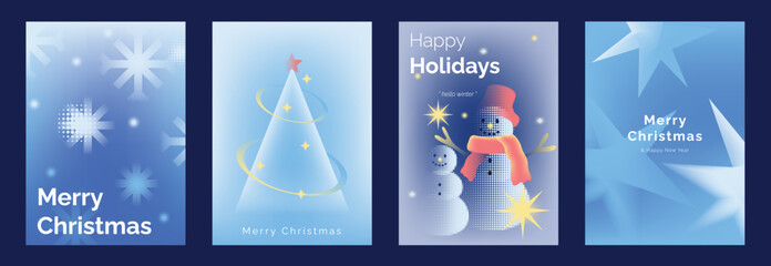 Naklejka premium Merry Christmas and Happy New Year vector posters set. Christmas tree, bell, snowman ornament and festive pine decorations on soft blue pastel holiday greeting card backgrounds.