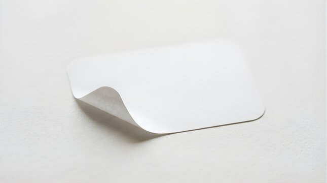 Blank white adhesive sticker with curled corner on a textured background