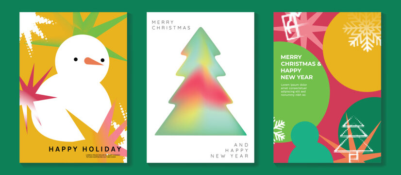 Merry Christmas and Happy New Year vector posters set. Christmas tree, bell, snowman ornament and festive pine decorations on soft blue pastel holiday greeting card backgrounds.